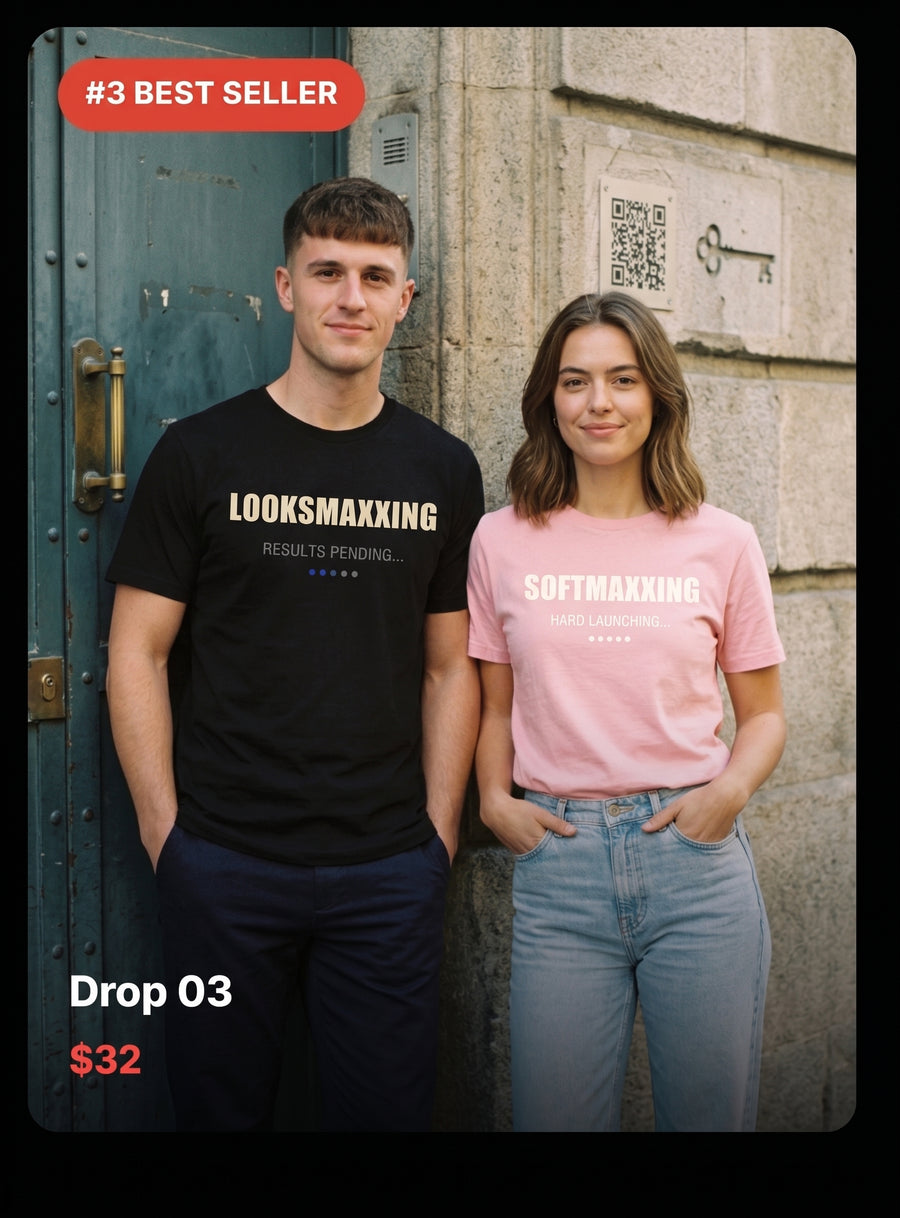 Models wearing Looksmaxxing Results Pending and Softmaxxing Hard Launching THREADSCUE tees