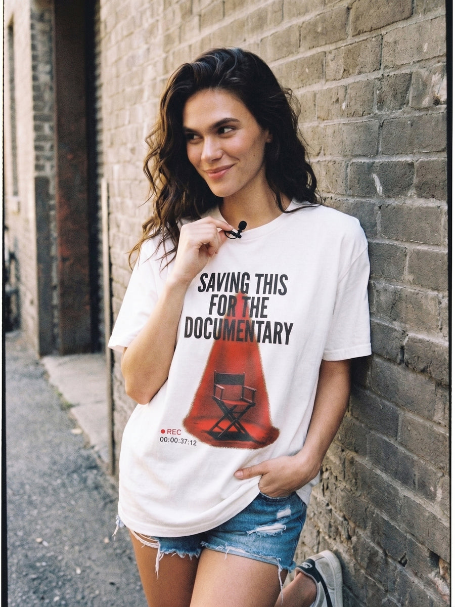Model wearing Saving This for the Documentary THREADSCUE graphic tee